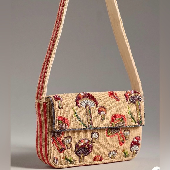 Anthropologie Handbags - Anthropologie Fiona Beaded Mushroom Mini Bag in Beige and Red